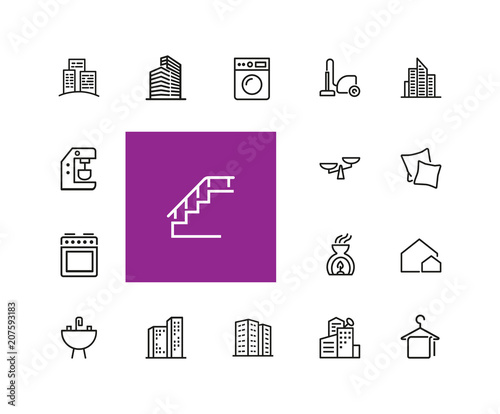 Houses and tools icons. Residential district, coffee machine, fridge. Home services concept. Vector illustration can be used for topics like domestic life, public service, housing development