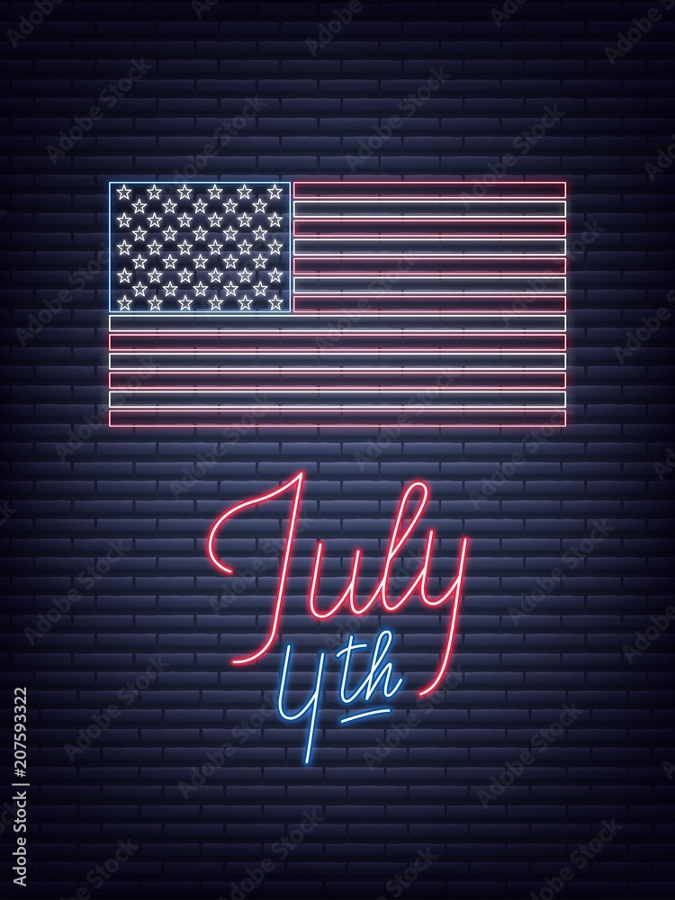Obraz premium July 4th. USA Independence Day neon sign. USA National flag and lettering for July Fourth celebration