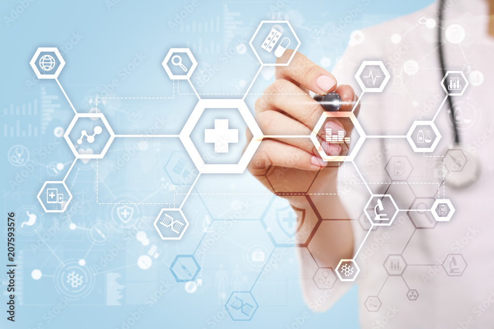 Medical concept on virtual screen. Healthcare. Online medical consultation and health check, EMR, EHR. Medical concept on virtual screen. Healthcare. Online medical consultation and health check, EMR, EHR.