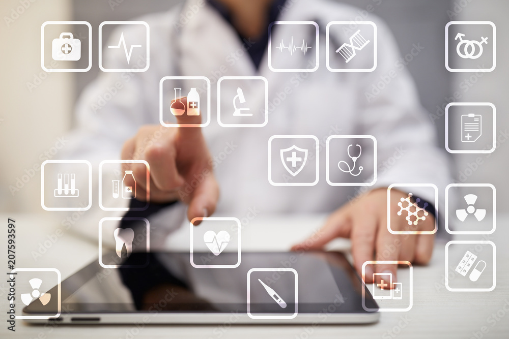Medical icons on virtual screen. Modern technology in medicine. Medical icons on virtual screen. Modern technology in medicine.