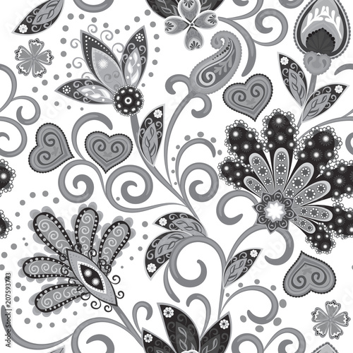 Vintage pattern in indian batik style. Floral hand draw vector background. Gray on white.