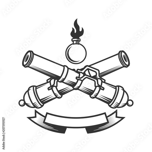 Emblem template with vintage cannons. Design element for logo, label, sign.