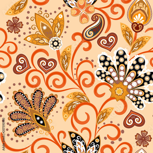 Fototapeta Naklejka Na Ścianę i Meble -  Vintage pattern in indian batik style. Floral hand draw vector background. Orange black