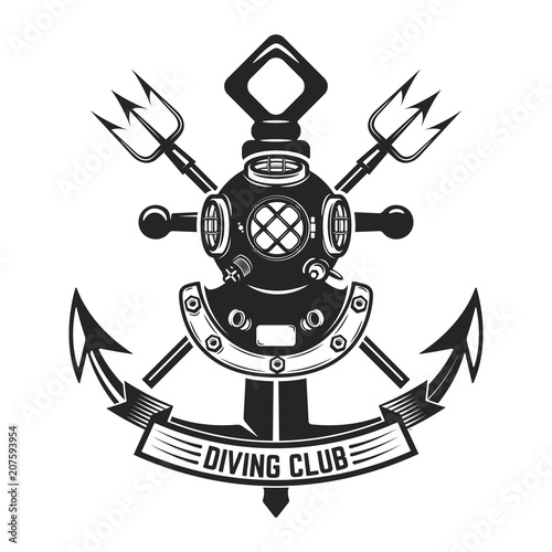 Diving club. Vintage diver helmet and anchor. Design element for logo, label, emblem, sign.