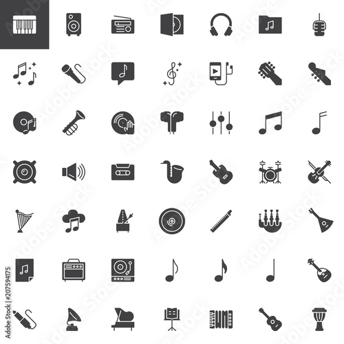 Music instruments vector icons set, modern solid symbol collection, filled style pictogram pack. Signs, logo illustration. Set includes icons as Piano key, Headphones, Microphone, Trumpet, Amplifier