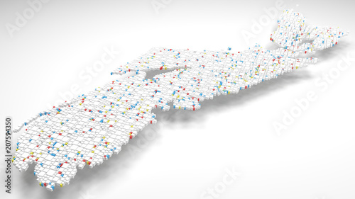 3D Map of Nova Scotia - Canada | 3d Rendering, mosaic of little bricks - White and flag colors. A number of 3630 little boxes are accurately inserted into the mosaic