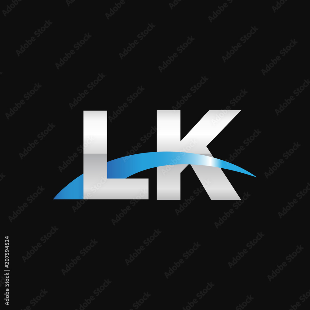 Initial letter LK, overlapping movement swoosh logo, metal silver blue color on black background Initial letter LK, overlapping movement swoosh logo, metal silver blue color on black background