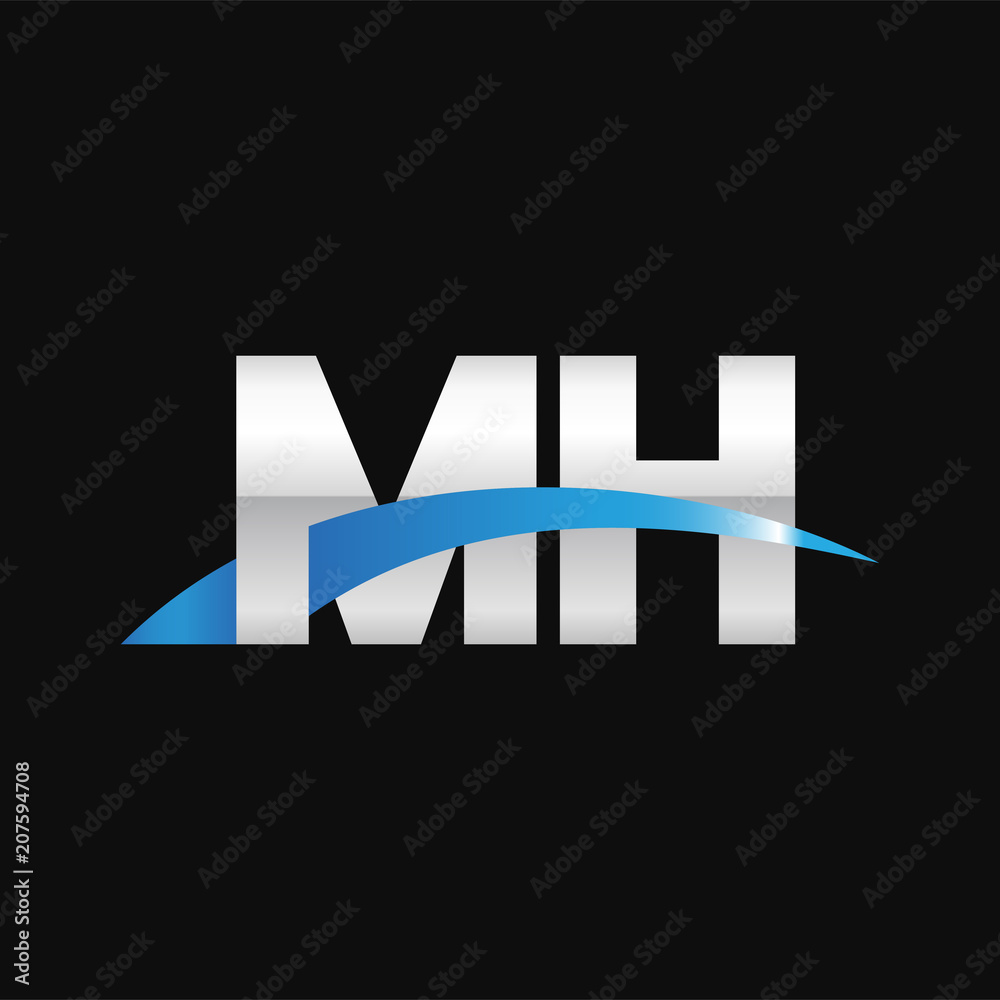 Initial letter MH, overlapping movement swoosh logo, metal silver blue color on black background