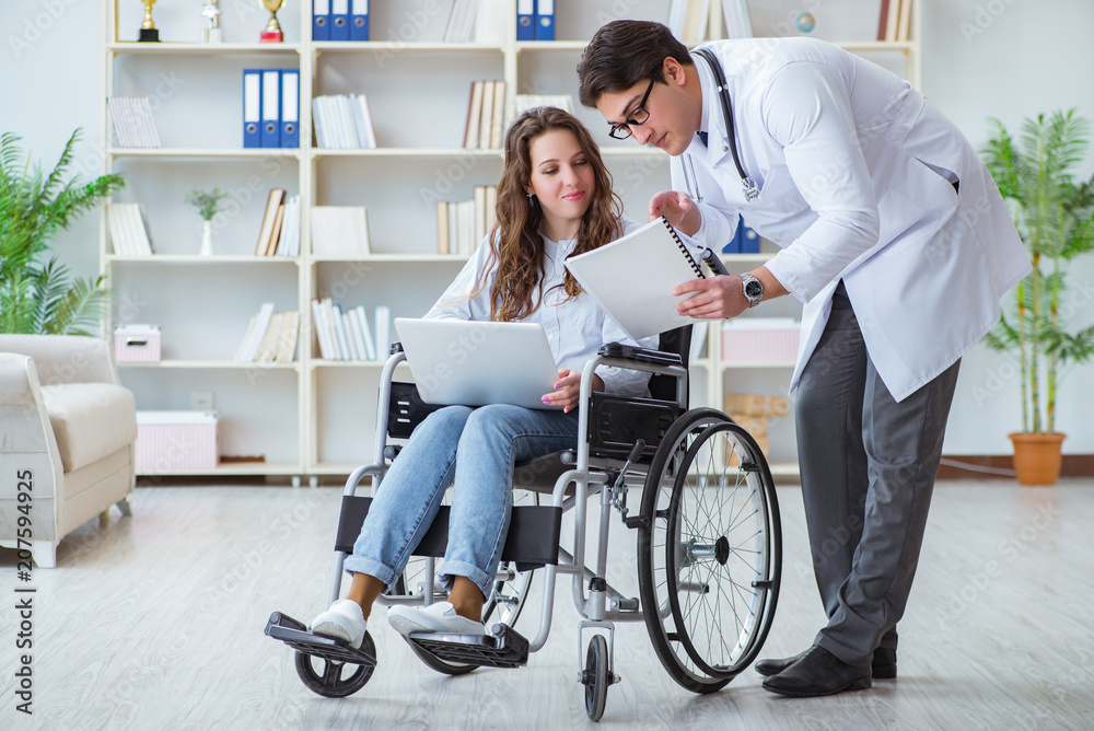 Disabled patient on wheelchair visiting doctor for regular check