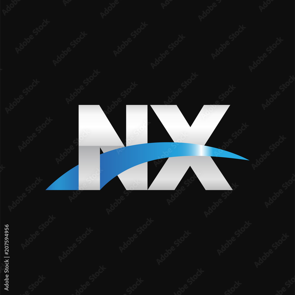 Initial letter NX, overlapping movement swoosh logo, metal silver blue color on black background Initial letter NX, overlapping movement swoosh logo, metal silver blue color on black background