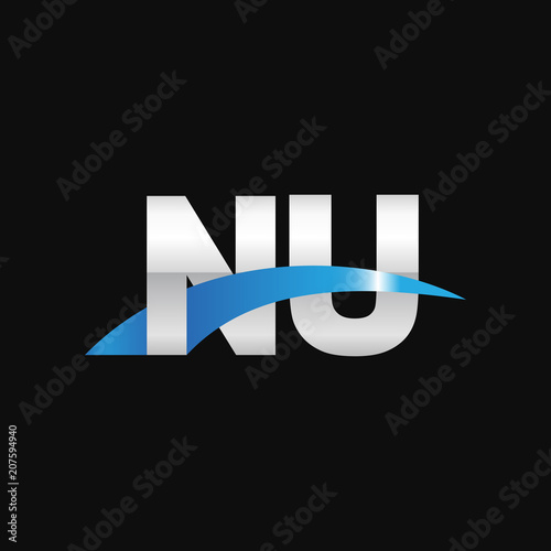 Initial letter NU, overlapping movement swoosh logo, metal silver blue color on black background