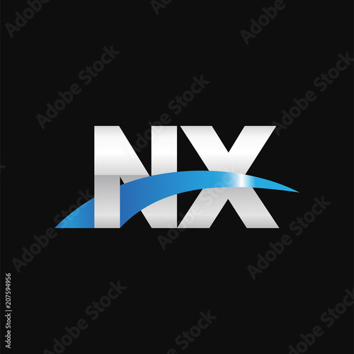 Initial letter NX, overlapping movement swoosh logo, metal silver blue color on black background