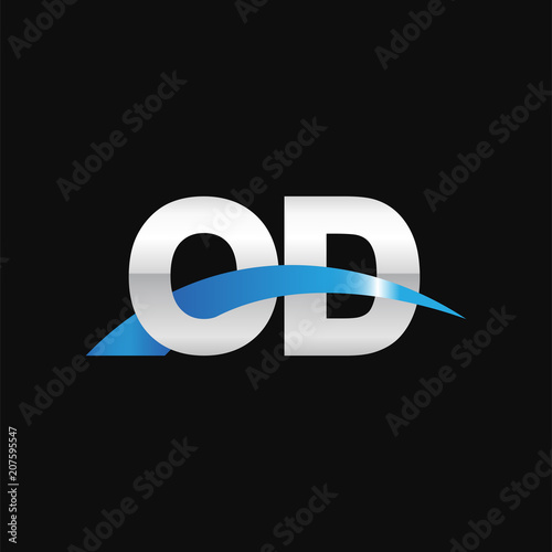 Initial letter OD, overlapping movement swoosh logo, metal silver blue color on black background
