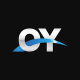 Initial letter OY, overlapping movement swoosh logo, metal silver blue color on black background