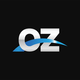 Initial letter OZ, overlapping movement swoosh logo, metal silver blue color on black background