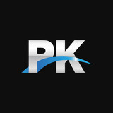Initial letter PK, overlapping movement swoosh logo, metal silver blue color on black background