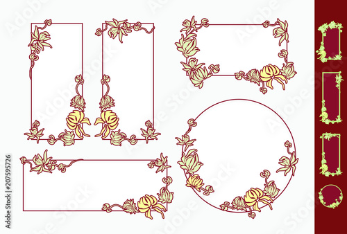 A set of vintage vignettes of various configurations on light and dark backgrounds. Curly plant with large buds.
Label frame in different color variations.