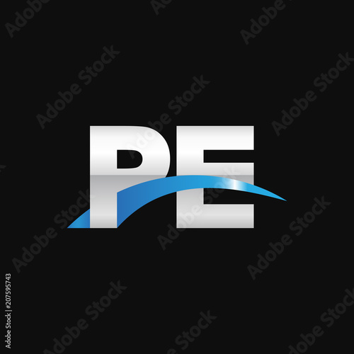 Initial letter PE, overlapping movement swoosh logo, metal silver blue color on black background