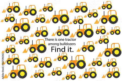 Find tractor among bulldozers, fun education puzzle game with transport for children, preschool worksheet activity for kids, task for the development of logical thinking and mind, vector illustration