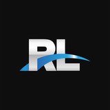 Initial letter RL, overlapping movement swoosh logo, metal silver blue color on black background