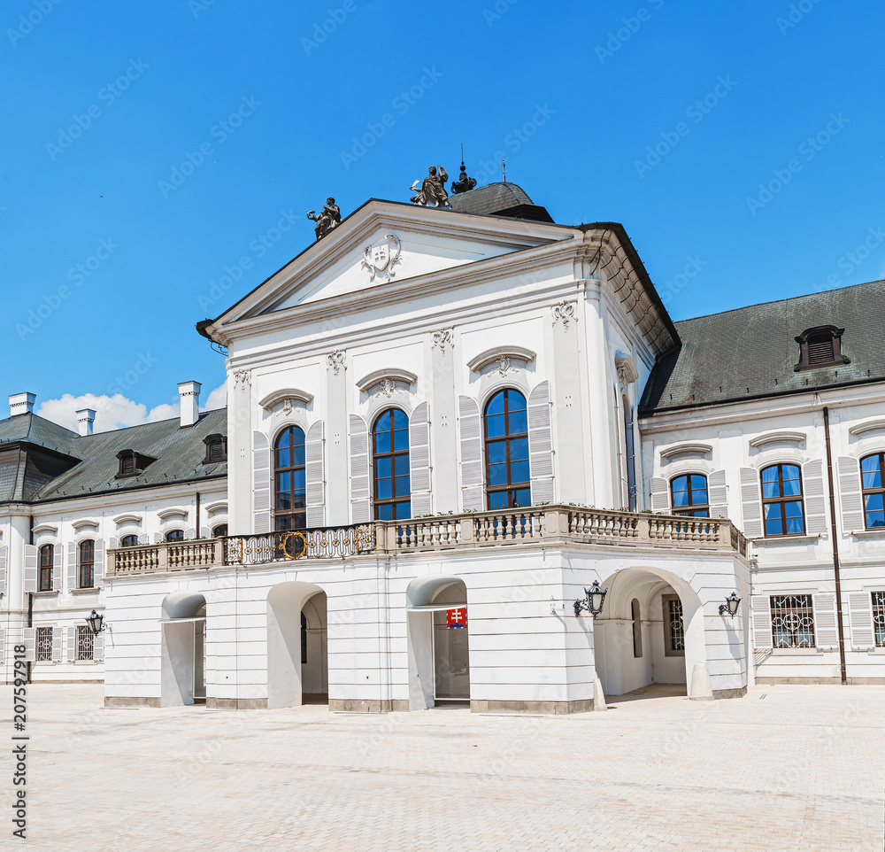 President residence in Grassalkovichov palace in Bratislava. Panorama of a government building in a sunny day
