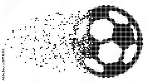 Dispersed football ball dot vector icon with disintegration effect. Rectangular particles are combined into dissipated football ball figure.