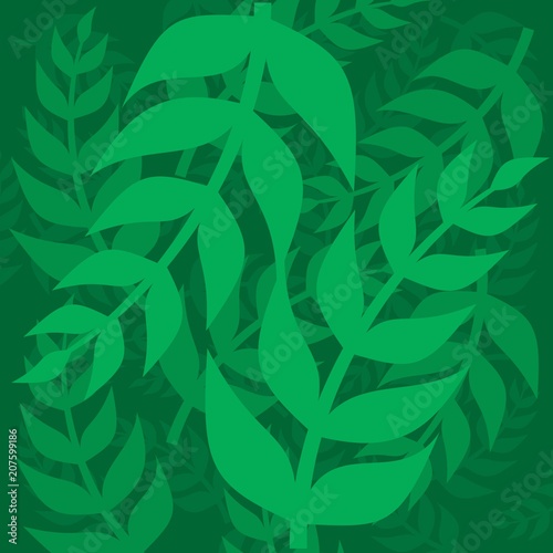 Leaves. Green leaf twigs on a green background.