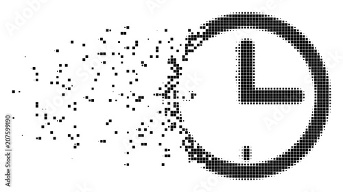 Dissolved time dotted vector icon with disintegration effect. Square cells are organized into dissolving time figure. Pixel dissolving effect demonstrates speed and motion of cyberspace matter.