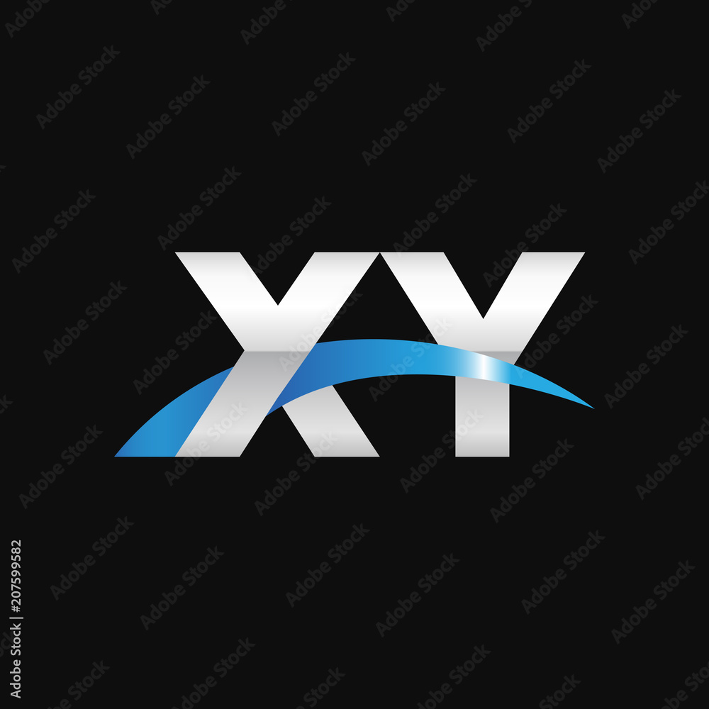 Initial letter XY, overlapping movement swoosh logo, metal silver blue color on black background Initial letter XY, overlapping movement swoosh logo, metal silver blue color on black background