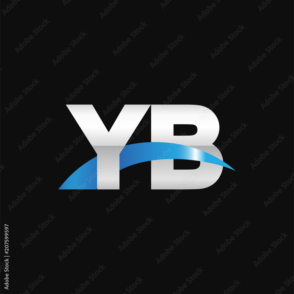Initial letter YB, overlapping movement swoosh logo, metal silver blue color on black background Initial letter YB, overlapping movement swoosh logo, metal silver blue color on black background