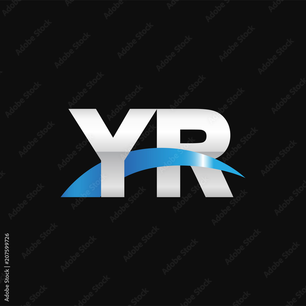 Initial letter YR, overlapping movement swoosh logo, metal silver blue color on black background Initial letter YR, overlapping movement swoosh logo, metal silver blue color on black background