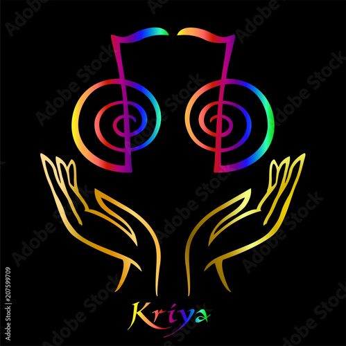 Karuna Reiki. Energy healing. Alternative medicine. Symbol Kriya. Spiritual practice. Esoteric.Open palm. Rainbow color. Vector
