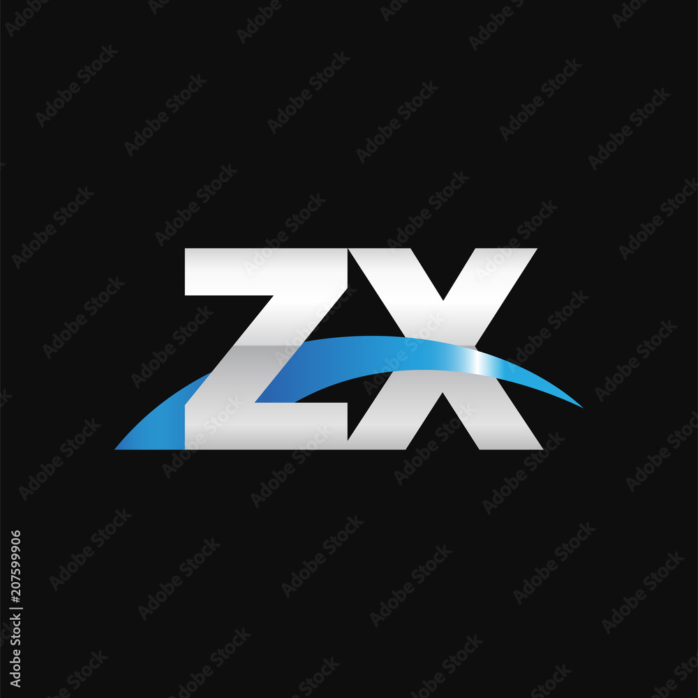 Initial letter ZX, overlapping movement swoosh logo, metal silver blue color on black background Initial letter ZX, overlapping movement swoosh logo, metal silver blue color on black background