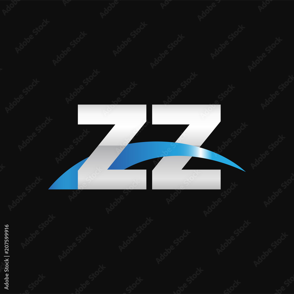 Initial letter ZZ, overlapping movement swoosh logo, metal silver blue color on black background Initial letter ZZ, overlapping movement swoosh logo, metal silver blue color on black background