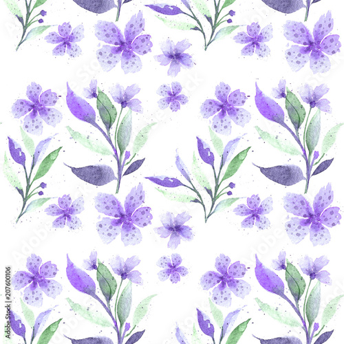 Seamless floral botanical pattern. Watercolor flowers. Delicate pastel colors. For fabric, ceramic tiles, packaging, covers, postcards, weddings. Purple flowers, leaves on a white background.