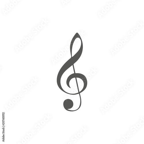 Vector simple icon for music theme. Illustration of treble clef on white background with blur shadow. Elements for design. Black, white, grey colors.