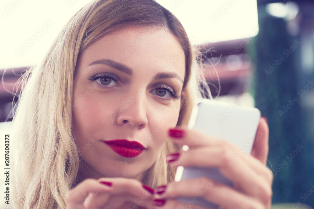 custom made wallpaper toronto digitalHappy Caucasian female watching on cell telephone screen while relaxing in cafe during free time