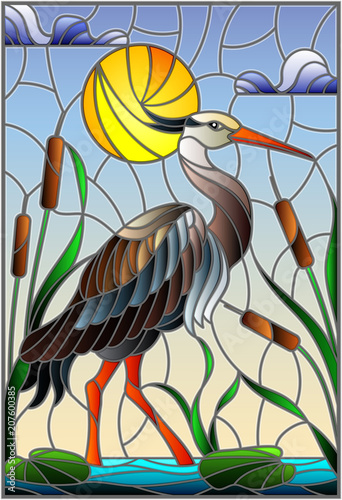 Obraz na plátně Illustration in stained glass style with brown  heron ,  reeds on a pond in the