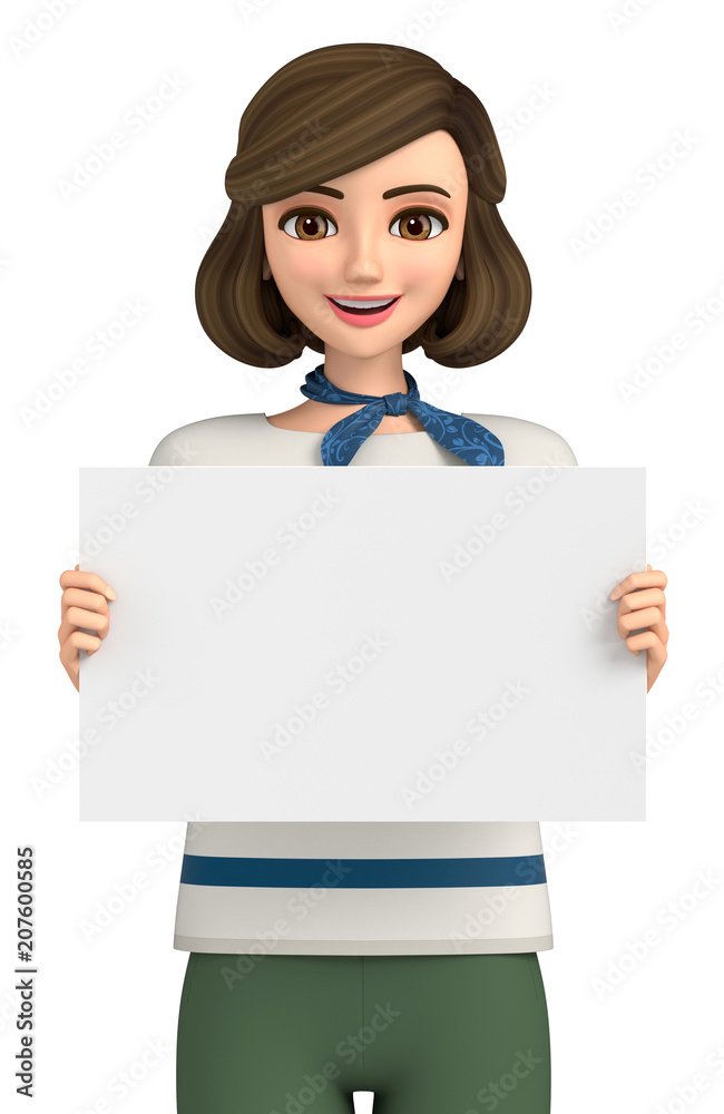 3D illustration character - A woman of the everyday wear illustrates by a white board 3D illustration character - A woman of the everyday wear illustrates by a white board