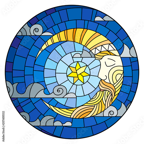 Illustration in stained glass style with moon on cloudy sky background, round image