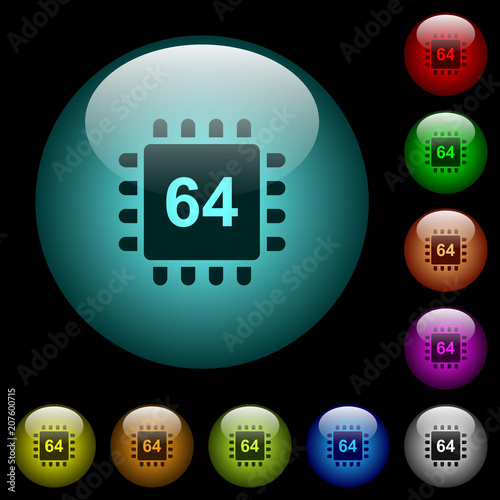 Microprocessor 64 bit architecture icons in color illuminated glass buttons photo