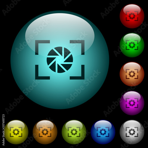 Camera aperture setting icons in color illuminated glass buttons