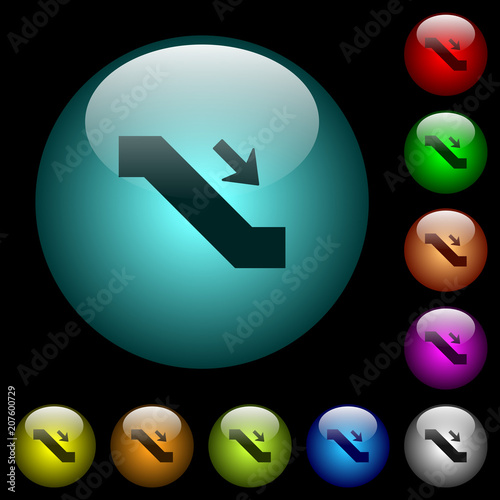 Escalator down sign icons in color illuminated glass buttons