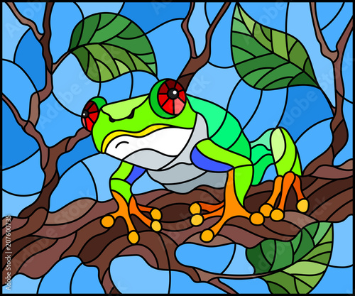 Illustration in stained glass style with bright green frog on plant branches background with leaves  on blue background