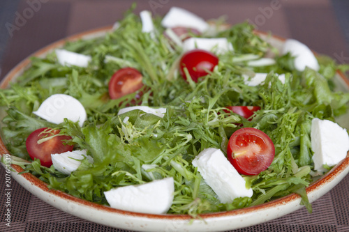 Vegetable salad plate with tomato, fresh lettuce, soft cheese. Healthy diet food