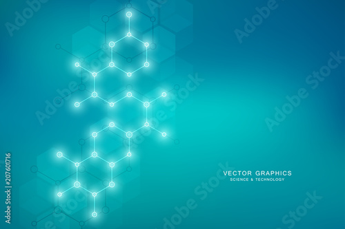 Hexagons design for medical, science and digital technology. Geometric abstract background with molecular structure and chemical compounds.