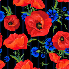 Acrylglasbilder Mohnblumenmuster Roter Mohn und blaue Kornblumen  © lyubovyaya