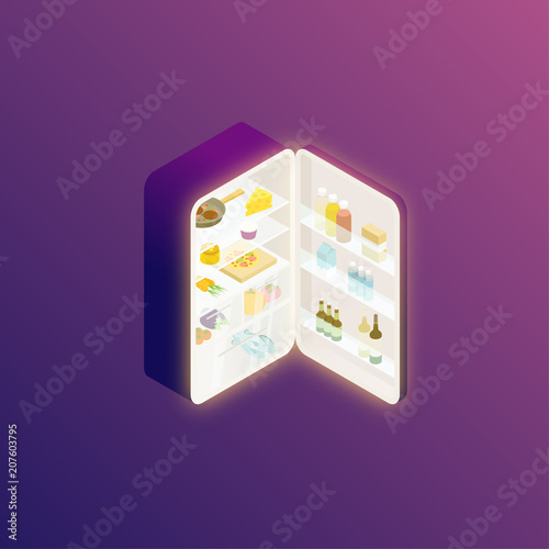 Isometric fridge with shiny glow vector illustration. Eating at night flat design concept.