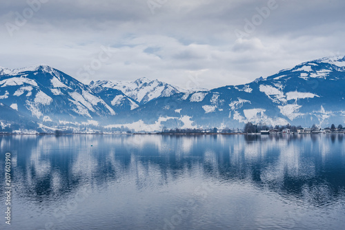 Winter landscape on the beautiful lake Zell am See. Austria