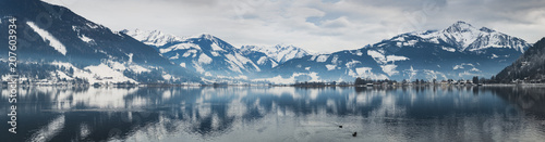 Large panorama in winter on the beautiful lake Zell am See. Austria